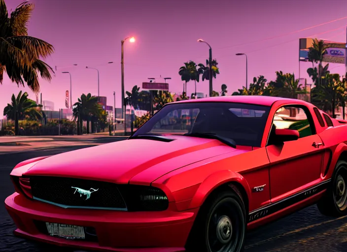 Image similar to still next - gen ps 5 game grand theft auto 6 2 0 2 4 remaster, graphics mods, rain, red sunset, people, rtx reflections, gta vi, miami, palms and miami buildings, photorealistic screenshot, unreal engine, 4 k, 5 0 mm bokeh, close - up ford mustang, gta vice city remastered, artstation