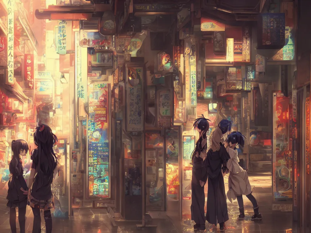 Image similar to Two beautiful anime girls, standing in front of a vending machine outside of a Japanese convenience store, in narrow Tokyo alleyway, beautiful light and shadows, D&D, fantasy, highly detailed, digital painting, artstation, concept art, sharp focus, illustration, in style of GUWEIZ and WLOP and NIXEU