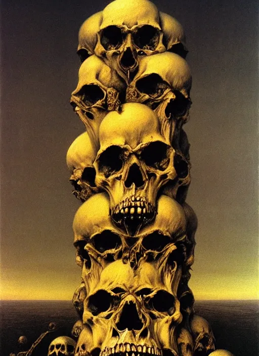 Image similar to a tower of skulls. highly detailed painting by zdzisław beksinski and henry fuseli. 8 k