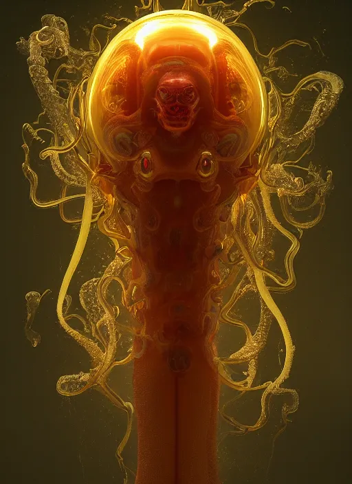 Prompt: subsurface scattering, organic cyborg made of soft wax, cgsociety, translucent, organic squid and ceramic art nouveau swirls, golden orbs, colored smoke, in the style of alberto seveso and ruan jia and beeple and giger, mystical colors, back light, rim light, dramatic lighting, 8 k, stunning scene, raytracing, octane render