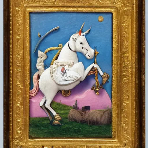 Image similar to the pope riding a unicorn with a saddle, 8 k, sharp, highly detailed