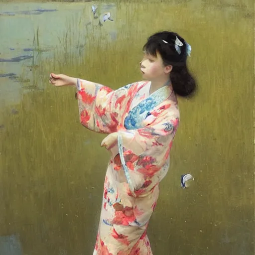 Image similar to girl in kimono, koi fish flying around her, jeremy lipking, joseph todorovitch