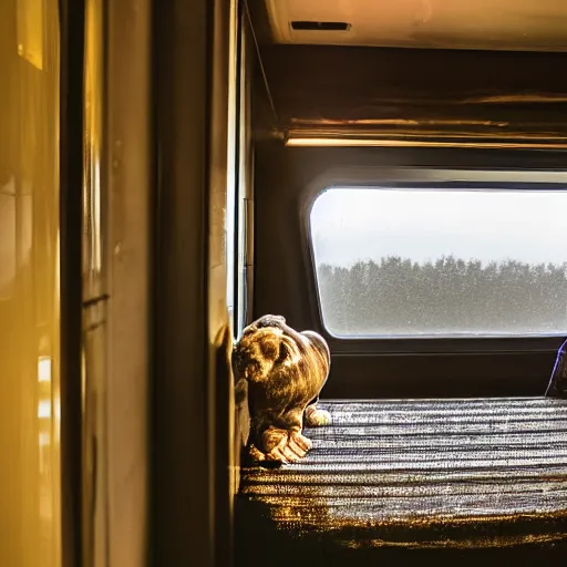 Image similar to bonobo inside of a train compartment room sitting on bed, rainy window, night, soft lighting