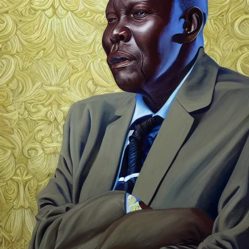 Image similar to a painting of a XXL Loving, caring, generous, ever-present, humble, wise elder from Kenya in a suit by Kehinde Wiley . Fatherly/daddy, focused, loving, leader, relaxed,. ethereal lights, details, smooth, sharp focus, illustration, realistic, cinematic, artstation, award winning, rgb , unreal engine, octane render, cinematic light, macro, depth of field, blur, red light and clouds from the back, highly detailed epic cinematic concept art CG render made in Maya, Blender and Photoshop, octane render, excellent composition, dynamic dramatic cinematic lighting, aesthetic, very inspirational, arthouse.
