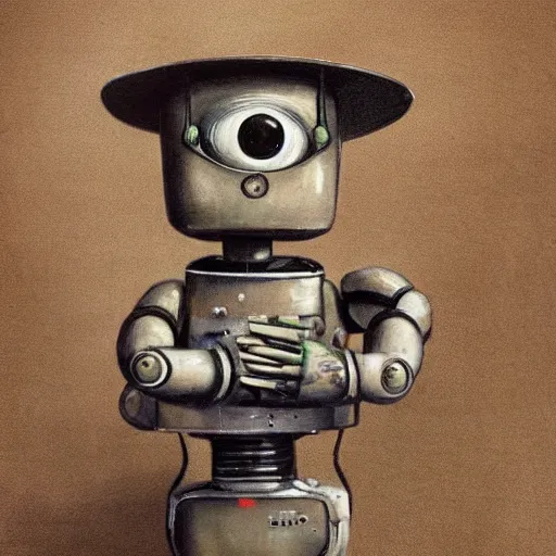 Prompt: medium shot 1 9 5 0 s retro cactus robot, bionic arms and eyes. muted colours. by jean - baptiste monge