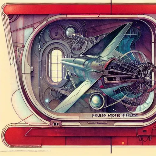 Image similar to ( ( ( ( ( 1 9 5 0 s retro future intricate machine spaceship large window. muted colors. art nouveau ) ) ) ) ) by jean baptiste monge!!!!!!!!!!!!!!!!!!!!!!!!! chrome red