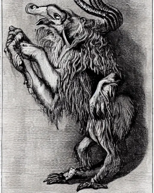 Image similar to a creature with the body and eyes of a man, with the beak of an eagle, the mane of a lion, and the horns of an ox. drawn by francis bacon