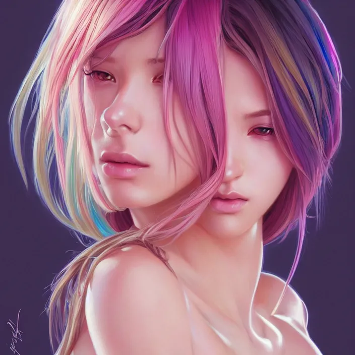 Prompt: portrait of beautiful symmetrical anime girl, rainbow hair, attractive, casual, modern, victoria's secret, highly detailed, digital painting, artstation, concept art, smooth, sharp focus, illustration, art by moebius artgerm, greg rutkowski and alphonse mucha, 8 k,