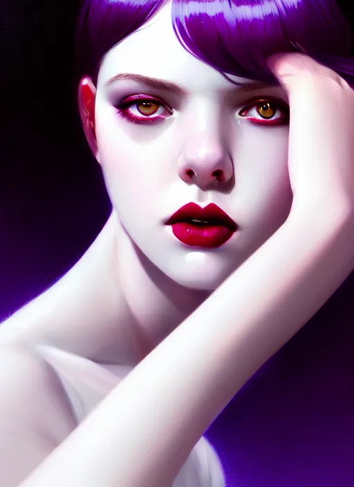 Image similar to portrait of pale teenage girl, red irises, black hair, white bangs, purple lipstick, white bangs, bangs, intricate, elegant, glowing lights, highly detailed, digital painting, artstation, concept art, smooth, sharp focus, illustration, art by wlop, mars ravelo and greg rutkowski