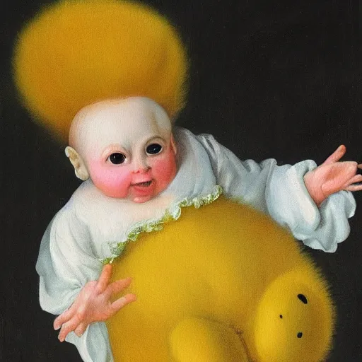 Prompt: Painting of a glowing kewpie doll that looks like Big Bird, painted in the style of Watteau with sad minion eyes