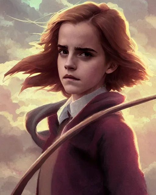 Image similar to Emma Watson as Hermione Granger, magnificent, medium shot, close up, details, sharp focus, elegant, highly detailed, illustration, by Jordan Grimmer and greg rutkowski and PiNe(パイネ) and 薯子Imoko and 香川悠作 and wlop and maya takamura, intricate, beautiful, Trending artstation, pixiv, digital Art