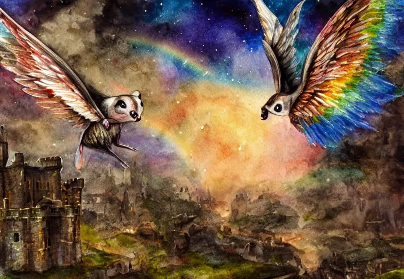 Image similar to legendary rainbow winged possum flying over a medieval castle at night under the dark starred sky, dark fantasy, watercolor, dreaming illusion, highly detailed, 4k, trending on Artstation