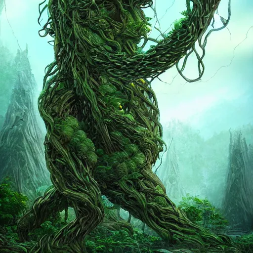 Prompt: a giant kaiju made of plants and twisting vines rising above the forest. fantasy art by daren bader and joan tuset, trending on artstation.