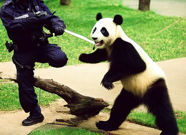 Prompt: 90's Professional Color Photography, Nikon, A panda fights with a policeman in a park with his bare hands., Summer