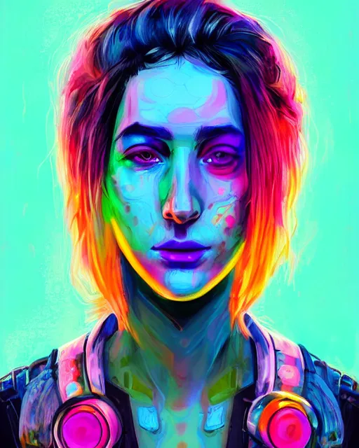 Image similar to colorful character portrait of a non - binary hippie, set in the future 2 1 5 0 | highly detailed face | very intricate | symmetrical | cinematic lighting | award - winning | painted by mandy jurgens | pan futurism, dystopian, bold colors, cyberpunk, groovy vibe, anime aesthestic | featured on artstation