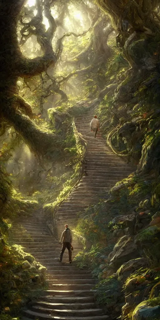 Image similar to a man walking up a steep and winding staircase, in beautiful woods, intricate, dappled lighting, elegant, highly detailed, oil painting, artstation, concept art, sharp focus, beautiful illustration, society, by justin gerard and artgerm, 4 k