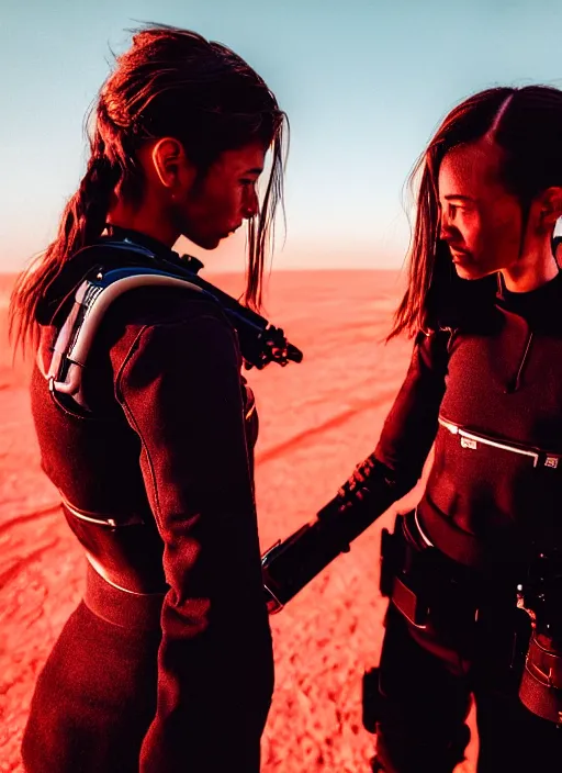 Prompt: cinestill 5 0 d photographic portrait of two loving female androids wearing rugged black techwear on a desolate plain with a red sky, extreme closeup, cyberpunk style, garters, dust storm, 8 k, hd, high resolution, 3 5 mm, f / 3 2, ultra realistic faces, ex machina
