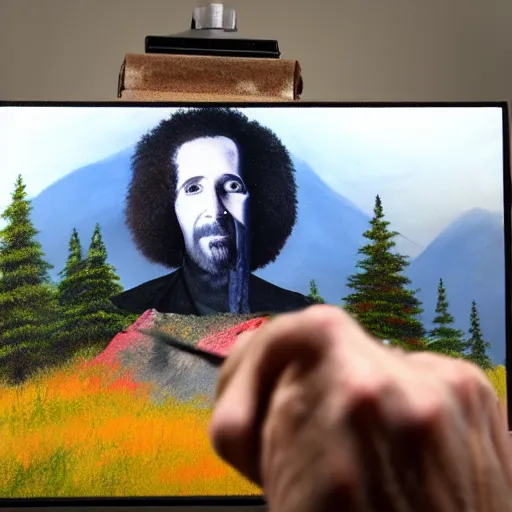 Image similar to a closeup photorealistic photograph of bob ross working on a canvas painting of marilyn manson. happy trees, mountain scape. film still. brightly lit scene. this 4 k hd image is trending on artstation, featured on behance, well - rendered, extra crisp, features intricate detail, epic composition and the style of unreal engine.