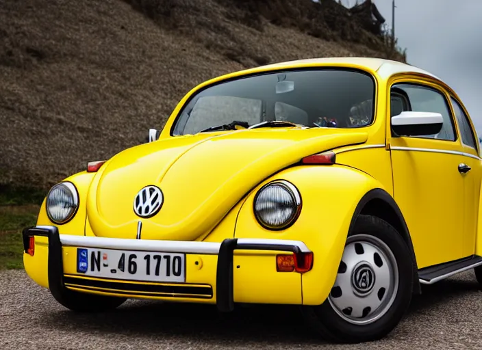 Prompt: a professional photograph of a yellow beetle Volkswagen car, car magazine XF IQ4, f/1.4, ISO 200, 1/160s, 8K, RAW, unedited, symmetrical balance, in-frame