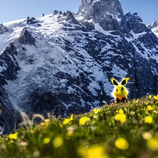 Prompt: took this pic of a wild pikachu while hiking in the alps #nature