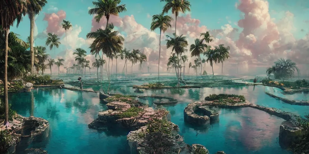 Image similar to greg rutkowski masterpiece, hyperrealistic surrealism, award winning masterpiece with incredible details, epic stunning, infinity pool, a surreal vaporwave liminal space, highly detailed, trending on ArtStation, calming, meditative, pink arches, flowing silk sheets, palm trees, very vaporwave, very very surreal, sharp details, dreamscape