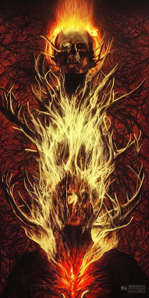 Image similar to intense glowing black metal pagan god with antlers and intense glowing white eyes with a skull on fire in very dark void by artgerm and beksinski and alphonse mucha, portrait, fantasy, clear, fire, light beams, lens flare, intense, uhd, amazing depth, cinematic lighting, black and red and intense orange and yellow