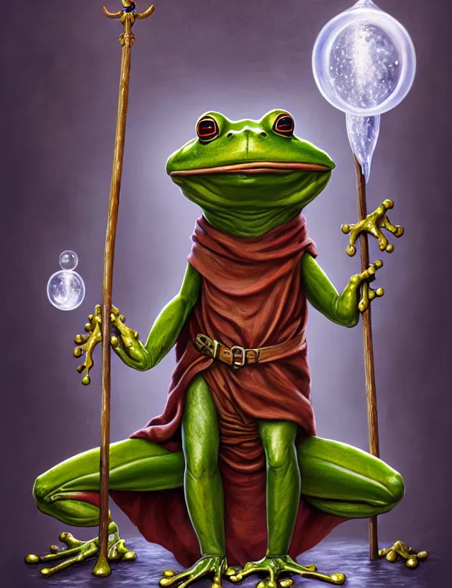 Prompt: anthropomorphic bipedal frog that is dressed as a medieval librarian, and holding a thick staff, as a matte oil painting and d & d character art, by alex grey, standing, fullbody, vibrant, floating bubbles, enlightened, fog, fractals, spirals, concept art, award - winning, extremely detailed, sharp focus