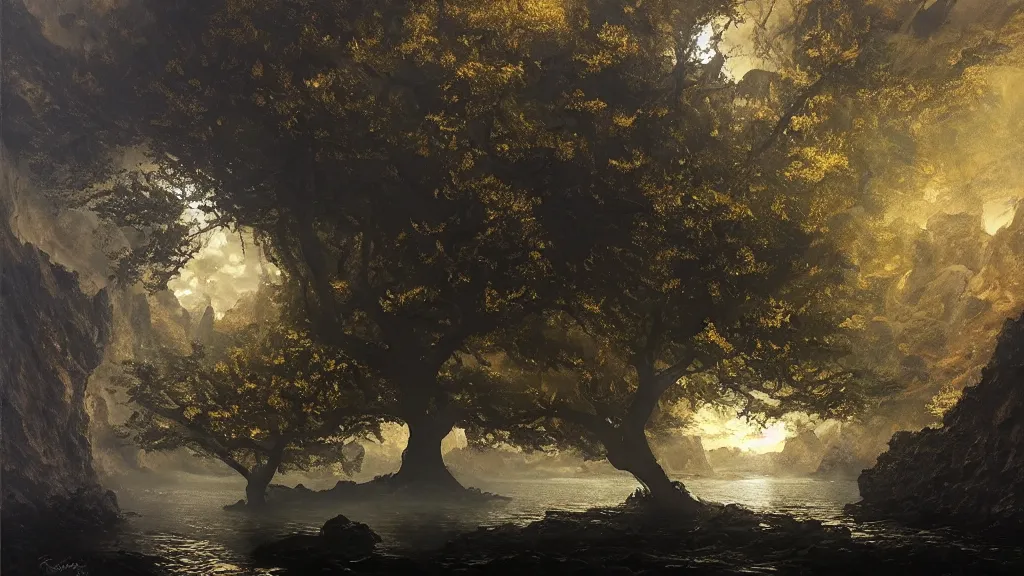 Image similar to A beautiful, highly detailed, very realistic oil painting of a single cloud tree with lots of cloud shaped leaves, next to a small river made of pure gold in the middle of a huge, very dark cave, with lots of dark grey rocks, oil painting by Greg Rutkowski.