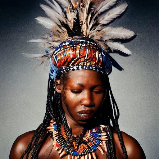 Image similar to editorial full body photo portrait of beautiful and strong African shaman princess at night, souronded with ghosts of animals, shaman body, feathers and paint, photo by mario testino, cinematic, hyper detailed, micro details, insanely detailed, trending on artstation,dark background, dramatic lighting, cinematic angle, concept art, insanely detailed and intricate