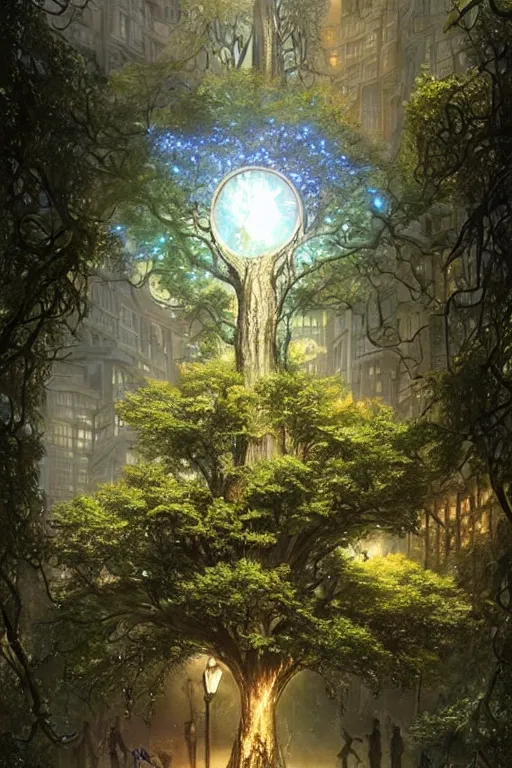 Image similar to tree of life, volymetric light, tiny miniature city around base of tree, sprawling out around it, dappled shadows and sparkly buildings, highly detailed matte painting by ( ohrai ), charlie bowater and mark brooks