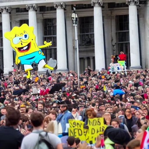 Prompt: spongebob squarepants protests against the british government at trafalgar square