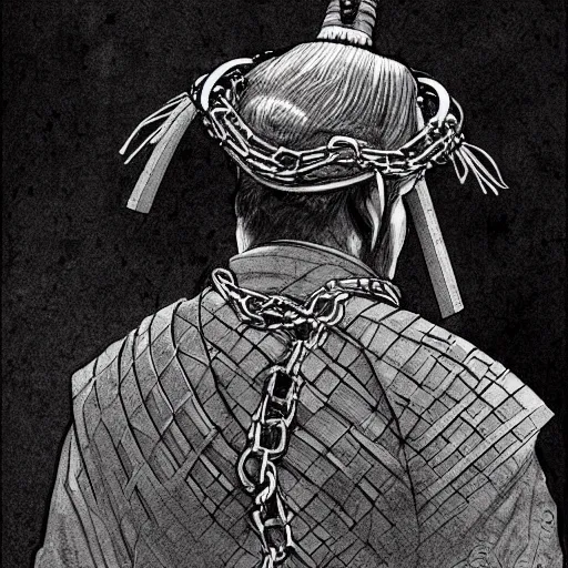 Image similar to A PORTRAIT FROM BEHIND OF A SAMURAI ,THE THE MAN IS WRAPPED IN CHAINS ,detailed, concept art, ink style , sketch