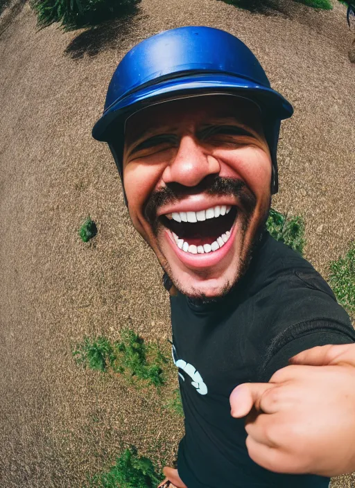 Image similar to photo of a person smiling and giving a thums up out doors. fisheye lens