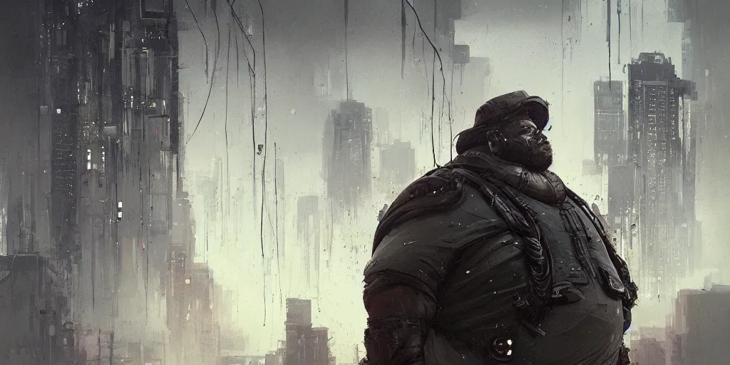 Image similar to portrait of a fat man sci fi soldier ranger, brutalist city architecture, dark epic, cables and wires, high details, ceremonial clouds, dripping paint, fibonacci rhythm, artstation, art germ, wlop, karol bak, christopher balaskas, sabbas apterus, award - winning, artstation