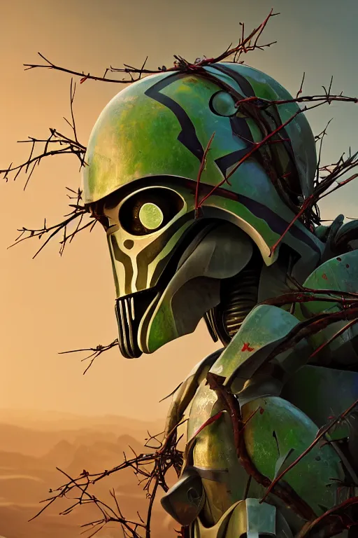 Prompt: general grievous from star wars, a wreath of acacia on his head, wrapped in branches of thorns in space, ultra hd, Painting By Simon Stalenhag, unreal 5, DAZ, hyperrealistic, octane render, dynamic lighting, intricate detail, summer vibrancy, cinematic