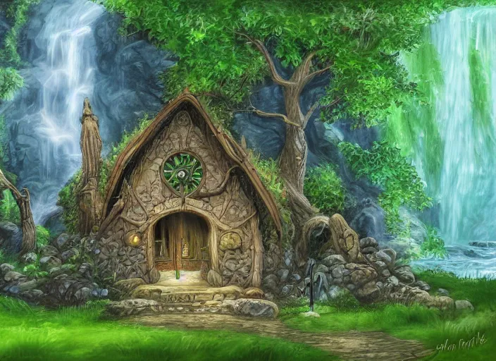 Prompt: An Elvish house near a waterfall with trees and grass, fantasy, detailed, digital painting