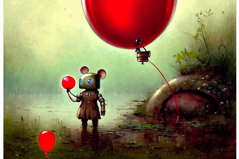 Image similar to adventurer ( ( ( ( ( 1 9 5 0 s retro future robot android mouse holding a red balloon. muted colors. swamp mushrooms island, lillie pads ) ) ) ) ) by jean baptiste monge!!!!!!!!!!!!!!!!!!!!!!!!! chrome red