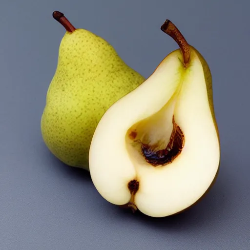 Prompt: a pear cut into seven pieces arranged in a ring