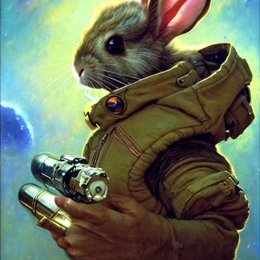 Prompt: portrait of a bunny rabbit rodent wearing a space suit. shadowrun furaffiniy cyberpunk fantasy highly detailed painting by gaston bussiere craig mullins jc leyendecker gustav klimt artgerm greg rutkowski john berkey, bergey, craig mullins, ruan jia, raymond swanland, jeremy mann, tom lovell, alex malveda