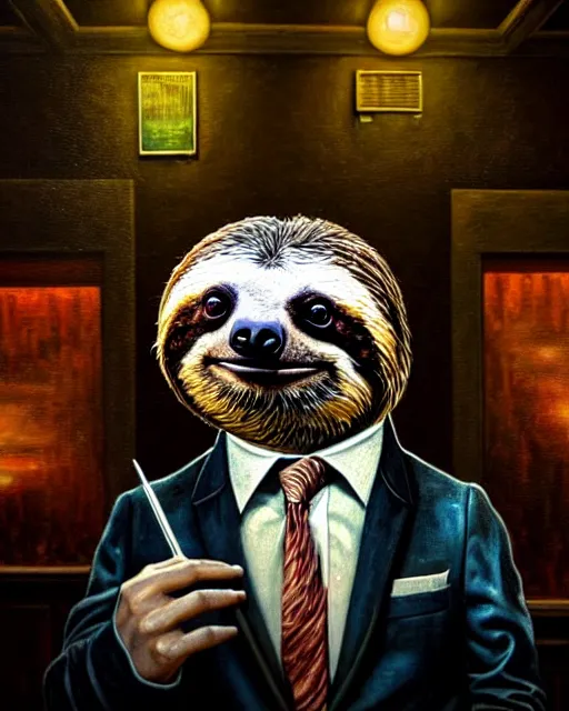 Image similar to hyperrealistic mixed media painting of a sloth wearing a suit and tie, dimly lit dive bar, stunning 3d render inspired art by P. Craig Russell and Barry Windsor-Smith + perfect facial symmetry + dim volumetric lighting, 8k octane beautifully detailed render, post-processing, extremely hyperdetailed, intricate, epic composition, grim yet sparkling atmosphere, cinematic lighting + masterpiece, trending on artstation, very very detailed, masterpiece, stunning