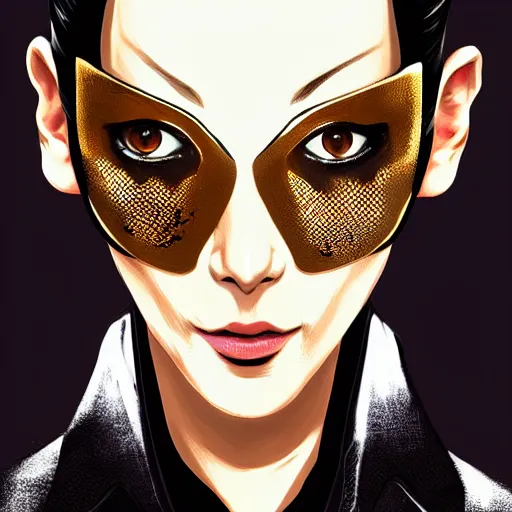 Prompt: Goro Majima as slim girl, gold suit jacket in snake print, black leather gloves, short black hair, black eye patch, elegant, 2d, ultra highly detailed, digital painting, smooth, sharp focus, artstation, art by Ilya Kuvshinov