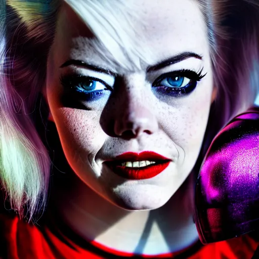 Prompt: Full-body portrait of Emma Stone as sexy Harley Quinn, grungy, unkept hair, glowing eyes, modelsociety, radiant skin, huge anime eyes, RTX on, perfect face, intricate, Sony a7R IV, symmetric balance, polarizing filter, Photolab, Lightroom, 4K, Dolby Vision, Photography Award