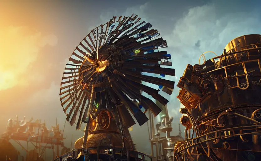 Image similar to a steampunk windmill, zoomed in, spinning fast, robot, blue fire, electricity lightning, concept art, sharp focus, intricate details, very high details, photorealistic, disney pixar, octane render, iridescent, anime, 8 k