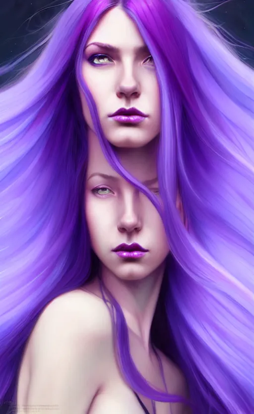 Image similar to Purple hair relistic Portrait of a woman with bright colored flying hair, all shades of purple. Hair coloring, long hair, blue eyes, fantasy, intricate, elegant, highly detailed, digital painting, artstation, concept art, smooth, sharp focus, illustration, art by artgerm and greg rutkowski and alphonse mucha