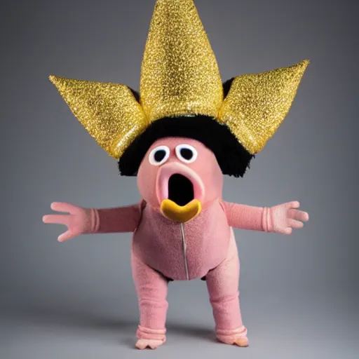 Image similar to studio photograph of a pig wearing a gold crown depicted as a muppet karate full body