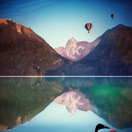 Image similar to photo of two black swans touching heads in a beautiful reflective mountain lake, a colorful hot air balloon is flying above reflecting off water, hot air balloon, intricate, 8k highly professionally detailed, centered, HDR, CGsociety