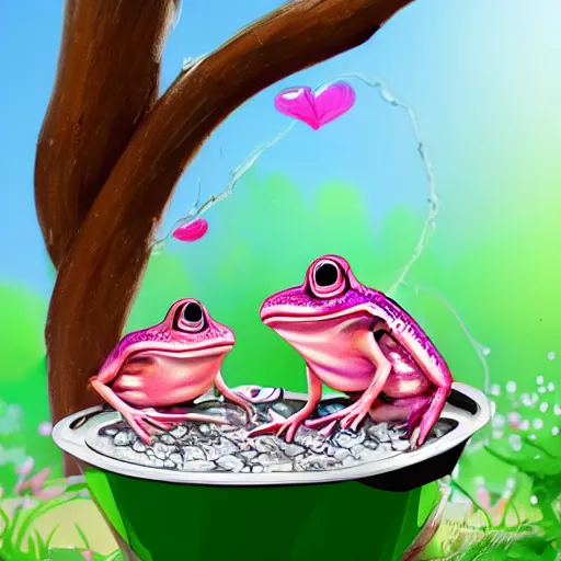 Prompt: highly detailed pink frogs in a cooking pot beneath a tree, realistic,