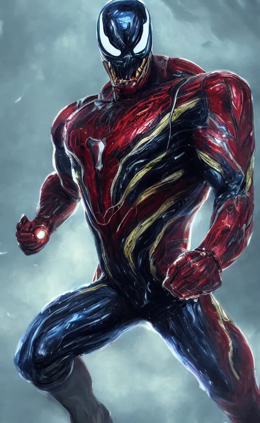 Image similar to venom as ironman, dynamic lighting, photorealistic fantasy concept art, trending on art station, stunning visuals, terrifying, creative, cinematic