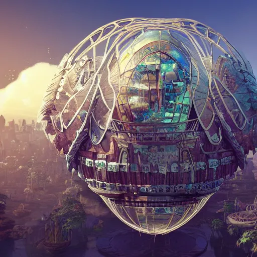 Image similar to enormous flying city in a faberge egg, sky, steampunk, fantasy art, masterpiece, unreal engine