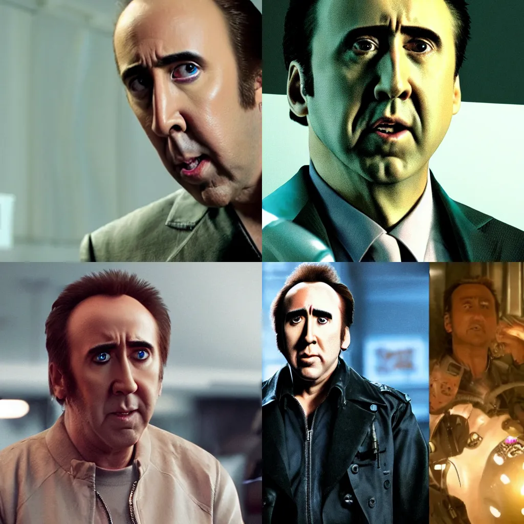 Prompt: nicolas cage as a robot in the year 2050 still making movies